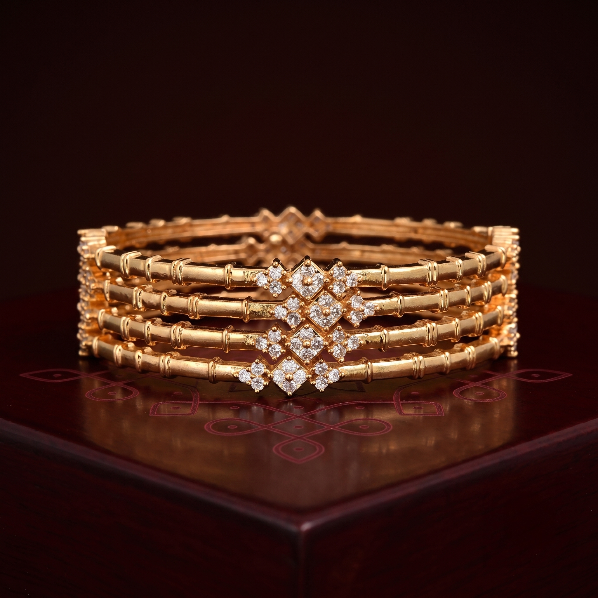 Bamboo Inspired Gold Plated AD Bangle (Set of 4) detailed view - Avalna